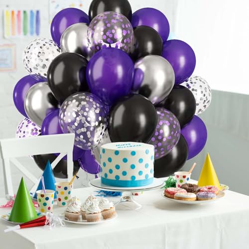 Image of 60PCS Purple Black and Silver Balloons,10 inch Purple Black and Silver Balloon Arch Kit Birthday Decorations,Suitable for Birthday Wedding,Halloween Party Decorations