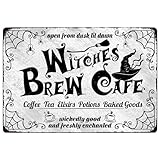 Witches Brew Cafe Vintage Metal Signs Halloween Decorations, Coffee Tea Elixirs Potions Baked Goods Halloween Home Kitchen Cafe Bar Wall Decor, 8' X 12' Hanging Plaque