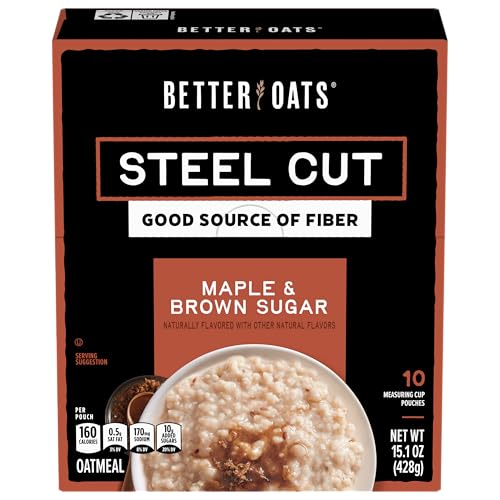 Image of Better Oats Steel Cut Instant Oatmeal Packets, Maple and Brown Sugar Flavor with Flax Seeds, Quick-Cooking Breakfast, 15.1 oz Box of 10 Pouches (Pack of 1)