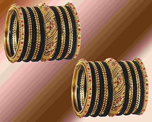 Image of NMII Metal with Zircon Gemstone and Beads Studded Ball Chain Linked Glossy Finished Velvet Bangles Chuda set for Women and Girls