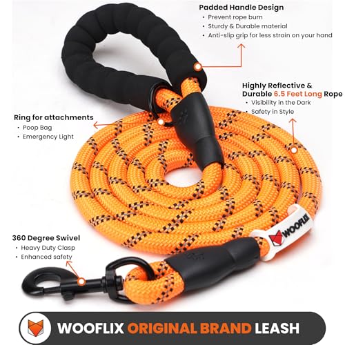 Image of WOOFLIX Reflective Dog Leash And Collar Combo Set|Dog Collar & Anti Slip Padded Handle Leash For Dogs|Highly Reflective|Dog Rope For Medium & Large Dogs|(Leash 6.5 Ft. + Collar Large, Orange, 18 Cm)