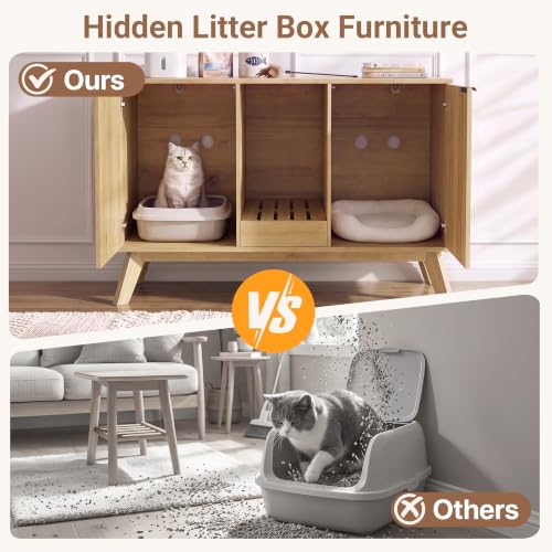 Image of Seang Double Cat Litter Box Enclosure for 2 Cats,Fluted Hidden Litter Box Furniture with Litter Collector & Scratch Pad,47 inch Large Enclosed Cat Cabinet,Cat House,TV Stand,for Living Room,Natural