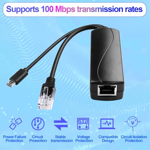 Micro USB POE Splitter Adapter compatible con estándar IEEE 802.3Af | Soporta Ethernet de 100Mbps, convierte de 48-57V entrada a 5V 2.4A salida, potencia máxima 12W negro miniatura 5