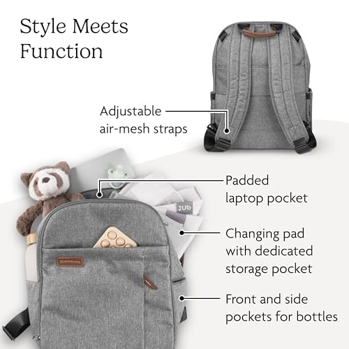 Image of UPPAbaby Changing Backpack - Multiple Storage Compartments - Side Bottle + Laptop Pockets - Trolley Sleeve - Stroller Strap Attachment - Owen - Mocha Melange | Chestnut Leather