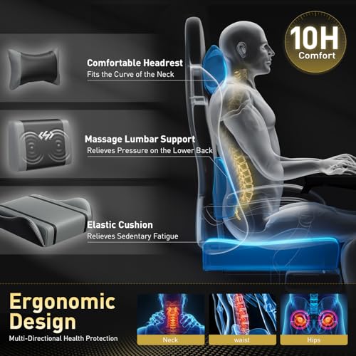 Image of HLDIRECT Gaming Chair, Ergonomic Video Game Seat with 360 Swivel & Lumbar Massage, Computer Chair PU Leather Cushion for Adults Home /Office Use (Black & Grey)