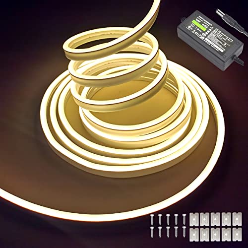 Image of dobestyou Warm White Neon LED Strip Lights - 16.4ft (5M) 12V DC 600 SMD2835 LEDs Waterproof Flexible Rope Light for Indoor /Outdoor Decor (Includes Power Adapter)