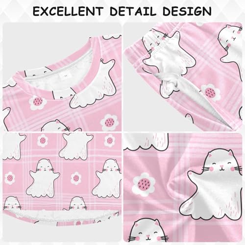 Long Sleeve Pajama Set for Girls Boys Kids,Ghost Cats Pastel Pink Comfy Nightwear Soft Loungewear,Family Matching PJs Underwear Set 3T3