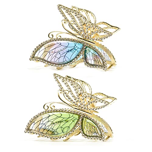 Butterfly Rhinestone Hair Clips, Sinide 2 Pack Sparkling Diamond Medium Hair Jaw Clip Crystal Non Slip Hair Clamps Glitter Hair Catch Barrette Strong Hold Hair Accessories for Women, Lady, Girls