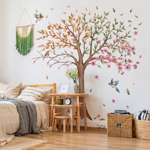 3 Sheets Large Tree Wall Decals Stickers Removable Floral Murals Peel and Stick Colorful Tree of Life Art Vinyl Living Room Decor with Flowers & Birds for Classroom Girls Bedroom Kids Nursery Office