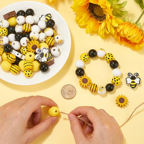 SOFPLATE 200Pcs 12 Styles Bee Bead Wood Honeycomb Beads Bulk Honey Jar Spring Summer Yellow Flower Rustic Farmhouse Bee Craft Loose Wooden Beads for Bracelet Beading Necklaces Home Decor DIY Crafts - Image 3
