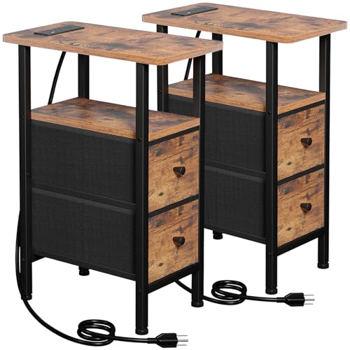 LOAKEKEL Narrow Nightstand with Charging Station, End Tables Living Room Set of 2, Skinny Side Table...