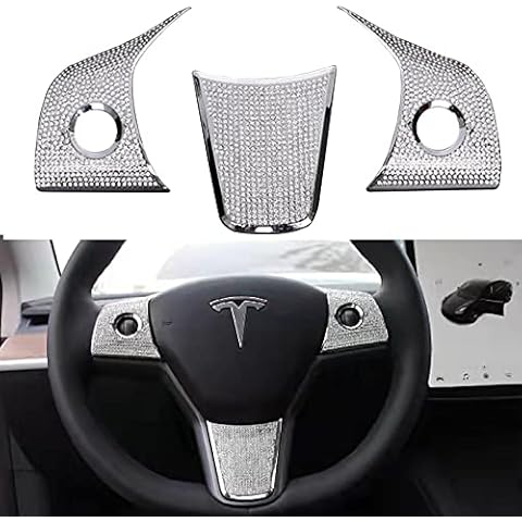 YHCDSEA Model 3 Y Steering Wheel Control Panel Crystal Badge Emblem Bling Decal Cover Sticker Trim 3pcs/Set Compatible for Tesla Model 3 Y Accessories Cover