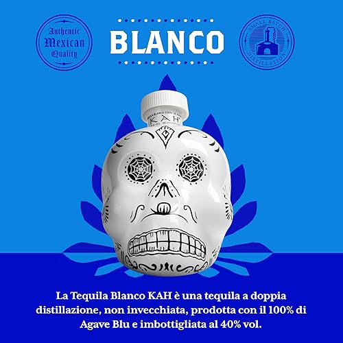 Kah Tequila Blanco - Bottiglia Bianca Decorata Con Giorno Dei Morti - 100% Agave Blu, Doppia Distillazione, Triplo Filtraggio - Non Invecchiato - 40% Vol 70 Cl (700 Ml / 0,7 Litri) - 5