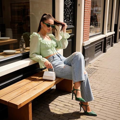 Image of SAMMITOP Womens High Heels Ankle Strap Pointed Toe Stilettos Patent Leather Beaded Pumps Dress Shoes 3.5 Inch