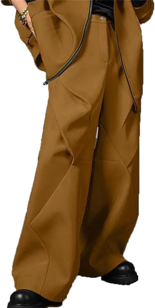 Men Wide Leg Pants Solid Color Button Pockets Trousers Men Pleated Streetwear Loose Pantalon