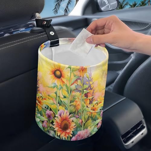 Image of Sunflower Car Trash Can Collapsible Hanging Portable Dustbin Bin Waste Basket Car Accessories Interior for Family Gatherings, Camping Small Trash Can