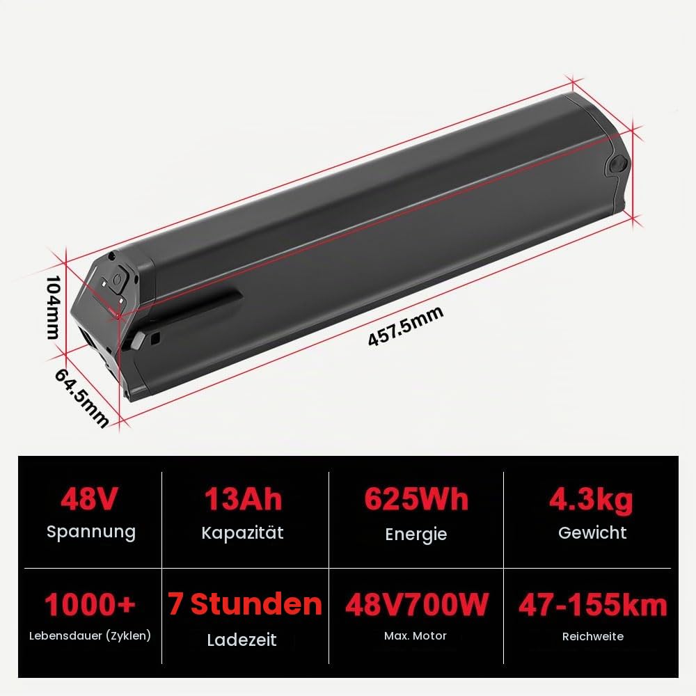 SEASON Ebike Akku 48V 13Ah 16Ah - Ersatzbatterie Semi-Intube Akku REENTION Dorado Plus für E-Bikes Pedelecs von vons NCM, LLobe, Fitifito, DeHawk