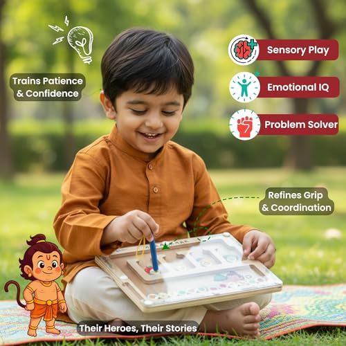 Image of Hanuman's Fruit Hunt - Vedic Wooden Magnetic Maze | Montessori Toy for Toddlers 15M+ | Birch Wood, Made in India, Non-Toxic | Screen-Free Play, Sealed Magnets, Shatter-Proof | Birthday Gift