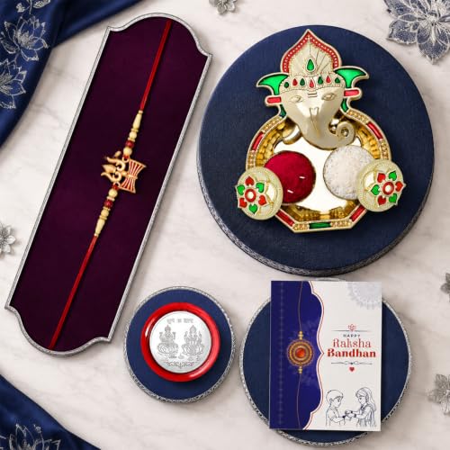 Image of Oblivion Stylish Metal Rakhi Gift Set for Raksha Bandhan with Decorative Pooja Thali, Silver-Colour Coin and Greeting Card - Multicolour 5-Piece