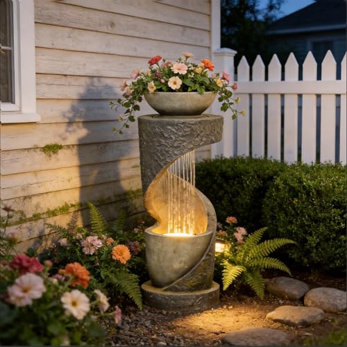 Image of Tiered Outdoor Water Fountain, Modern Spiral Cascading Waterfall Fountain with Planter, Freestanding Resin Indoor Water Feature for Room, Garden, Patio, Deck, 31.5 inchH with Light Stone-Texture