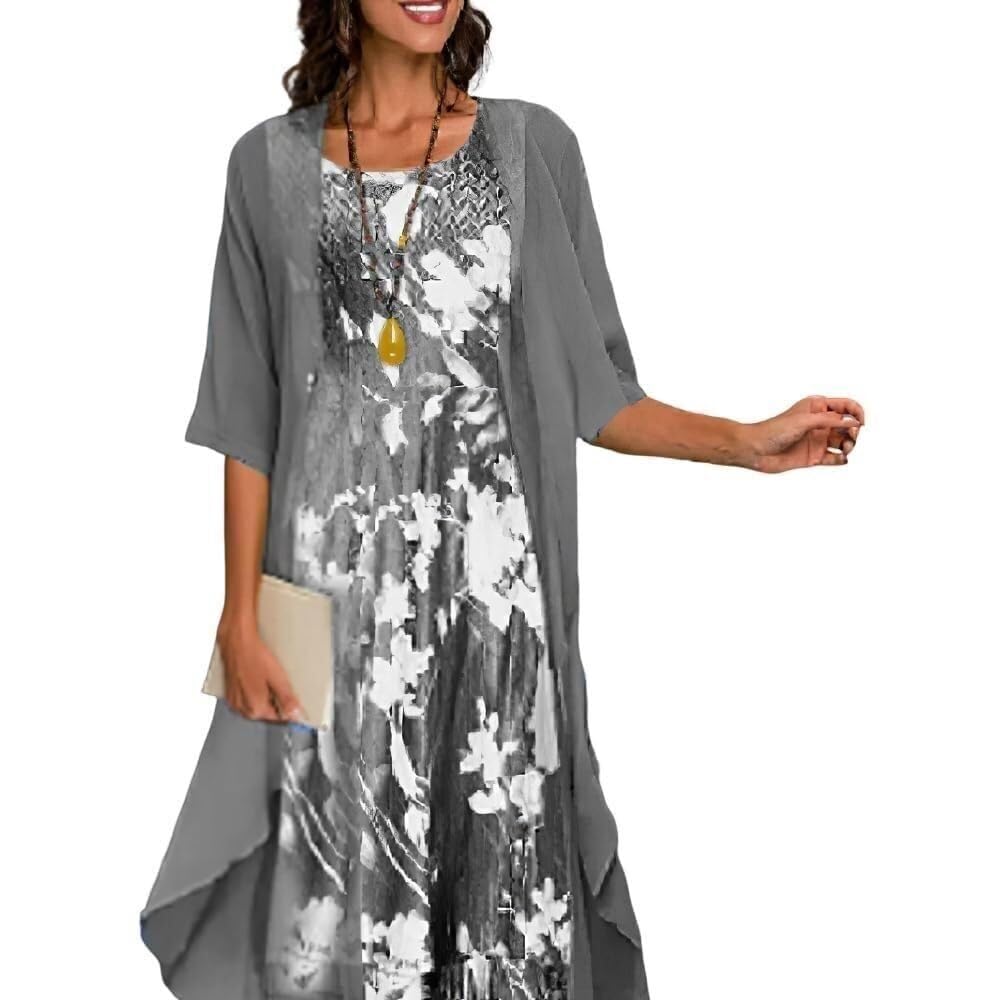 Lockenstab Two Piece Set: Women's Maxi Dress, Flowy Chiffon Cardigan, Floral Midi Dress with Lace Jacket, Ideal for Wedding Guests, Boho*drak blue, XL