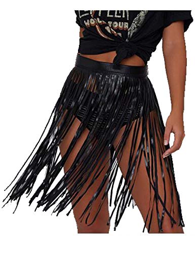 Faldas Midi con Flecos De Playa PU De Cintura Alta De Verano De Cuero con Borlas para Mujer Negro M Cover