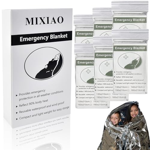 MIXIAO Emergency Foil Thermal Blanket (Pack of 6) 210 x 160 cm (82 x 63) Survival Reflective Blankets Perfect for Outdoors Hiking Survival Marathons or First Aid (Silver Pack of 6)