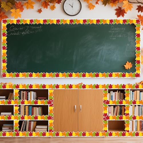 Image of BeYumi Fall Leaves Border Trim - 65ft Fall Plaid Maple Leaves Shape Rolled Border Trim Autumn Thanksgiving Bulletin Board Colorful Harvest Party Decor School Classroom Office Chalkboard Decoration