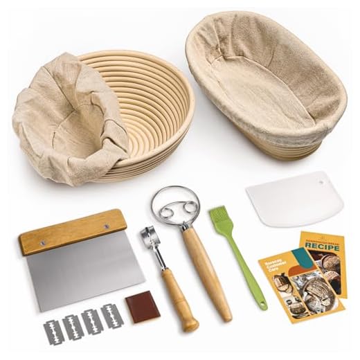 RORECAY Bread Banneton Proofing Basket Set of 2, 9 Inch Round & 10 Inch Oval Cane Sourdough Baskets with Bread Lame + Dough Scraper + Linen Liner + Basting Brush for Bread Making Baking Fermentation