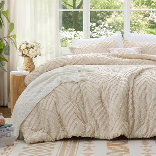 Image of BEDELITE Queen Comforter Set - Tufted Boho Bedding Set, Beige Boho Comforter, Soft Lightweight Comforter Queen, 3 Pieces Farmhouse Jacquard Bed Set for All Seasons