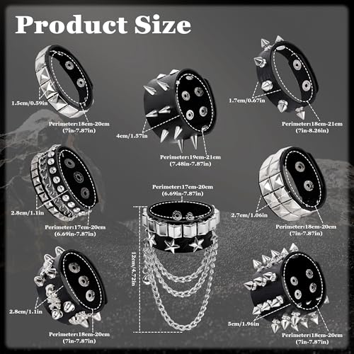 8PCS Spiked Studded Bracelets Cuff for Men Women Black Punk Goth Leather Bracelet Emo Rivet Bracelet Adjustable Rock Pop 80s 90s Retro Button Metal Wrap Wristbands Halloween Accessories2