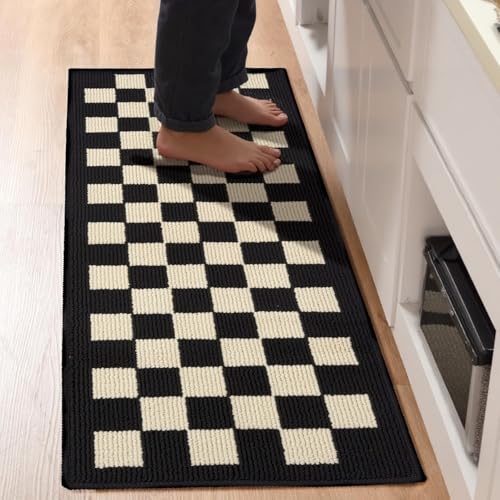 GIB Kitchen Mat for Floor 23.6' x 47', Kitchen Rug Non Slip/Skid Washable Runner Rug, Stain Resistant Comfort Standing Mat for Kitchen Laundry & Sink Decor, Black Cream Checkered