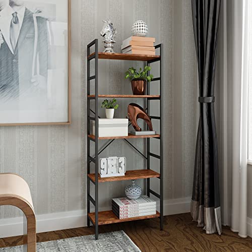 Miocasa Bookshelf, Adjustable Industrial Bookshelves Organizer, Rustic Wood And Metal Standing Shelving Unit Storage (5-Tier) #TOP4