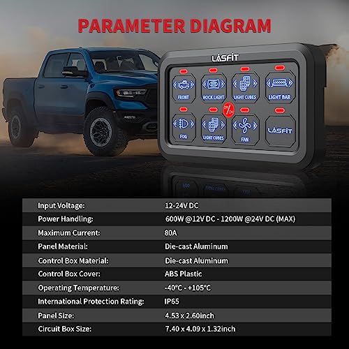 LASFIT 8 Gang Switch Panel: 3 Modes (Momentary & Strobe & Latching), 80A Long Wire 138\" for All Vehicle 12-24V DC Automatic Dimmable Touch Control Box Switch Panel for Off Road Trail Camping Mining - Thumbnail 4