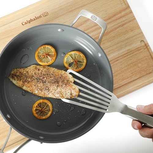 Image of Calphalon Prime Slotted Spatula, Slotted Fish Turner, Stainless Steel Kitchen Flipping Spatula, Flexible Heavy-Gauge Heat Resistant for Seafood, Weighted Handle for Control