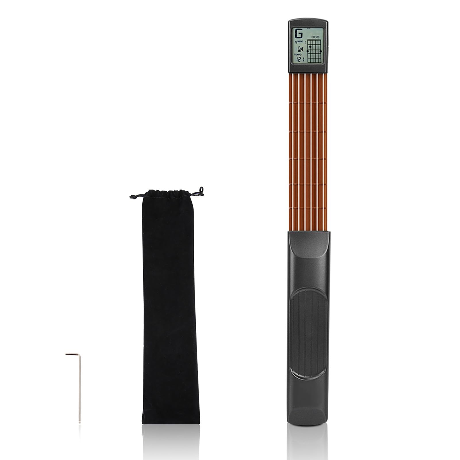 Taschengitarren Übungshals, 29x5x4cm/11,4x2x1,6 Zoll Mini 6-Bund Gitarren Übungswerkzeug Tragbares Akkordtrainer mit drehbarem Chart-Bildschirm Gitarren Akkord Trainer Hals Akkord Tool für Anfänger