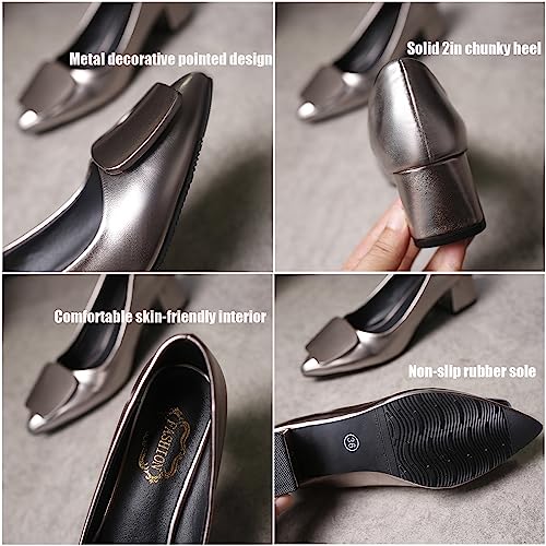 Women's Pointed Toe Chunky Heel Pumps Shoes,2 Inches Chunky Block Fashion Square Metal Decoration Slip On Low Heel Wedding Office Work Dress Shoes Pump Shoes2