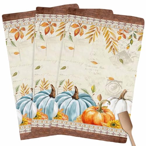 Image of Fall Kitchen Towels Harvest Pumpkin Thanksgiving Hand Towels Leaves Sunflower Dish Towel Cleaning Cloth Soft Absorbent Quick Drying 3 Pack Dish Cloths for Kitchen, Bathroom Autumn Decoration