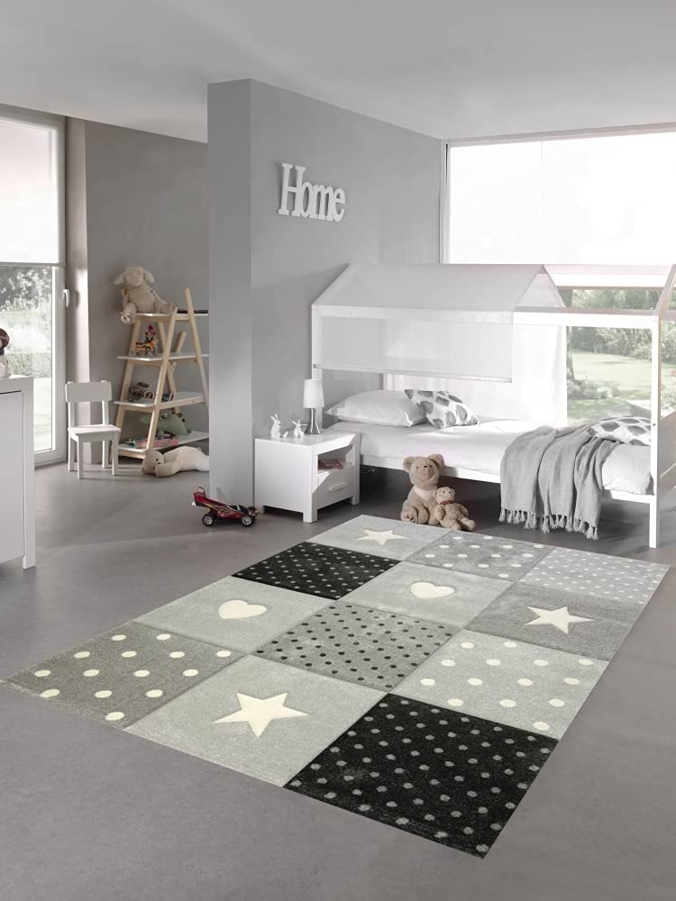 Teppich-Traum Kinderzimmer Teppich Spiel & Baby Teppich Herz Stern Punkte Design Creme Schwarz Grau Größe 120x170 cm