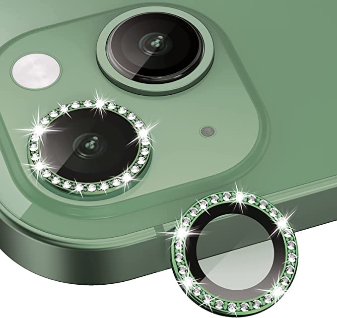 Image of inchCamera Lens Protector Ring Compatible with iPhone 13 / iPhone 13 Mini, Luxury Diamond Design Camera Lens Protection Cover, Anti-Scratch, Anti-Fingerprint, Durable Metal Ring Guard for Stylish Lens Protection inchGreen