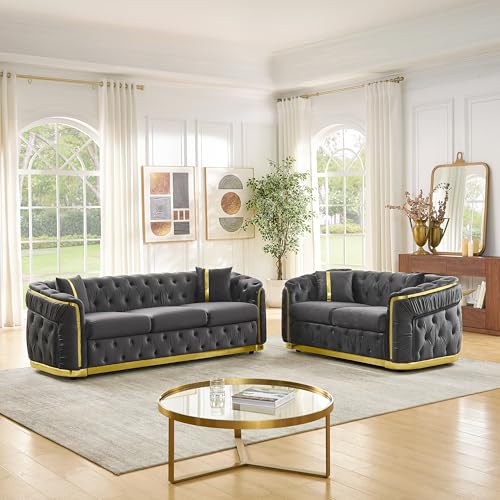 KEIKI 2-Piece Luxury Chesterfield Sofa Set with 1 Velvet 3-Seater