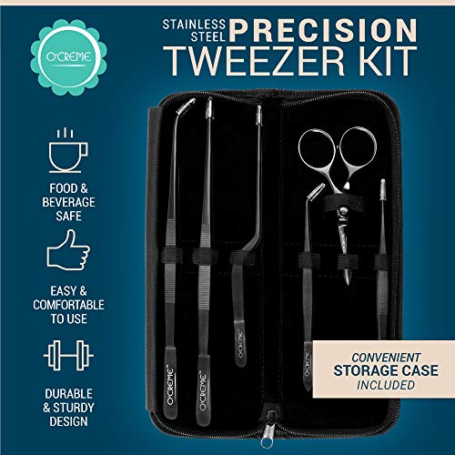 O'Creme Set of Culinary Tweezer Tongs Offset, Straight and Curved, Plus Super Sharp Chef Scissors, Total 6 Pieces (Black)