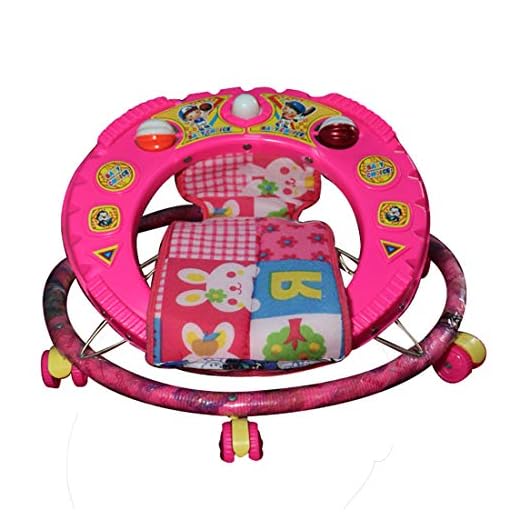 Baby Boy's Round Base Double Horn Height Adjustable Walker with Jhula in Indian Style (Pink, 9 Months-1.5 Years)