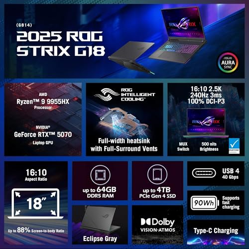 Image of Customized Laptop, Created Using ASUS ROG Strix G18 Gaming Laptop, AMD Ryzen 9 9955HX, RTX 5070, 18 inch WQXDA 2.5K IPS 240Hz, 32GB DDR5 1TB SSD, Wi-Fi6E Bluetooth BacklitKB Win11, Eclipse Gray