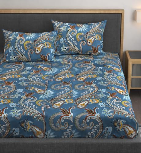 Image of Vaini Premium Heavy Cotton Elastic Fitted Bedsheets with 2 King Size Pillow Covers || Double Bed with All Around Elastic 350 (Blue Jaipuri, 72x72 Inch King Fitted)
