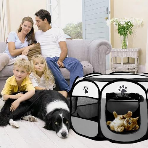 Welpenauslauf 74x74x48cm, BRIMOREA Katzenkäfig Hundekäfig für zuhause, Gitterbox Hund Wurfbox für Katzen Kaninchenstall innen Katzengehege Balkon Katzenkäfig für Draußen Hasen Auslauf(Grau)