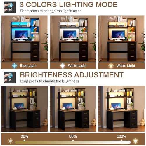 Image of LVSOMT 40 inch Home Office Desk with Hutch and Drawers, Computer Desk with Power Outlets and LED Light, Study Writing Gaming Table with Storage Shelves, Workstation for Bedroom, Black