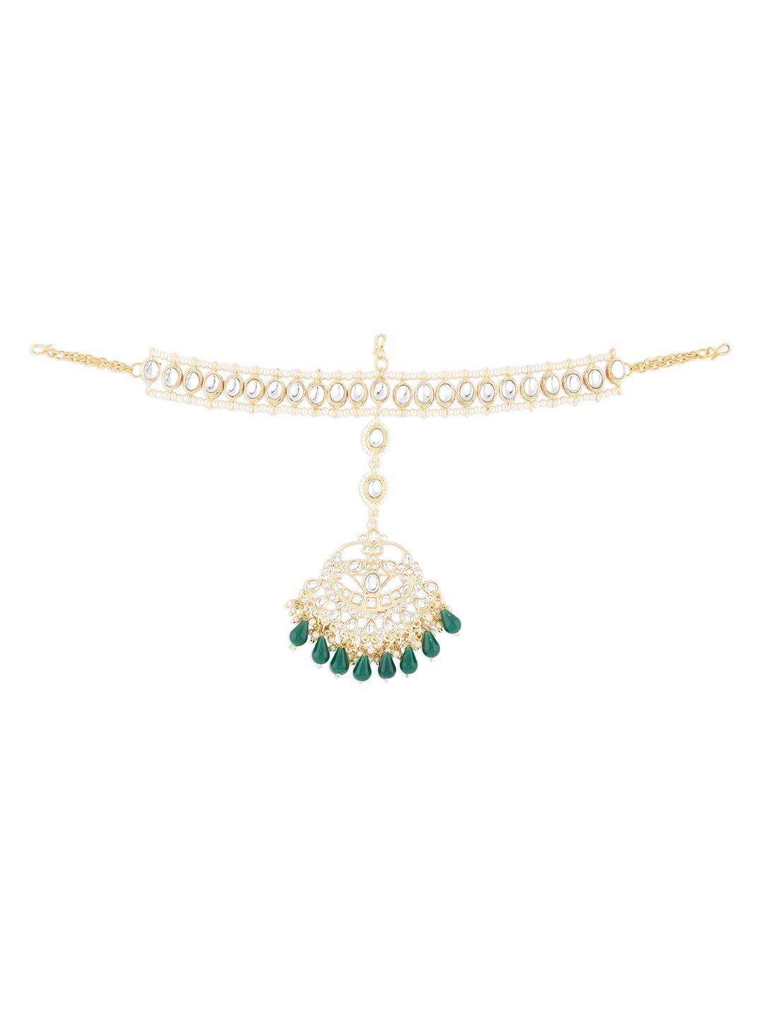 fabula Jewellery Green Beads & Kundan Jadau Bridal Wediing Ethnic Sheeshphool/MathaPatti/Hair Chain/Maangtikka For Women & Girls Stylish Latest (HCDP12_AMR2)-picture-24
