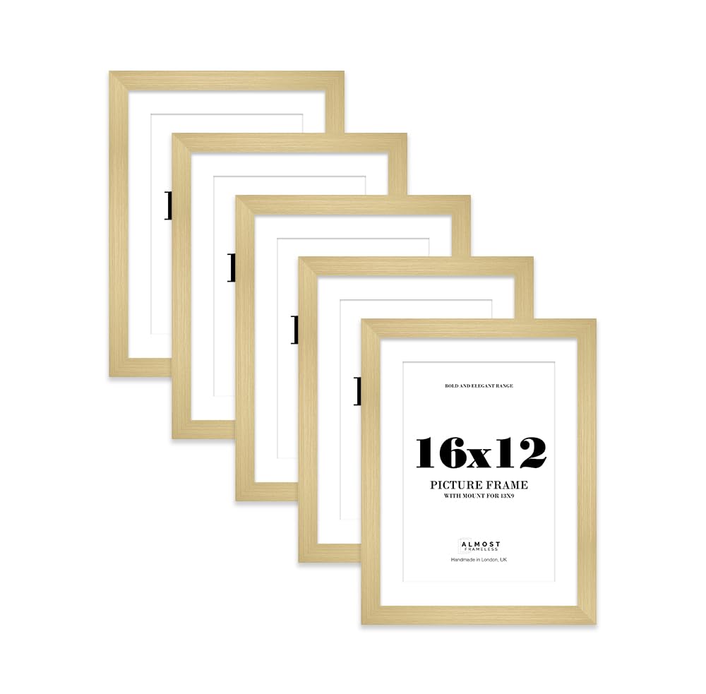 16x12 Gold Frame With Mount for 13x9 Pictures 28mm Edge Portrait and Landscape Display with Wall Hooks, 5 Pack