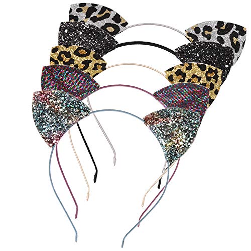 Halloween Cosplay Leopard Sequin Black Cat Ears Headband for women,Leopard Print, cheetah ears Headbands Party Decoration, Halloween costume for women adult Pack of 5(Multicolor)